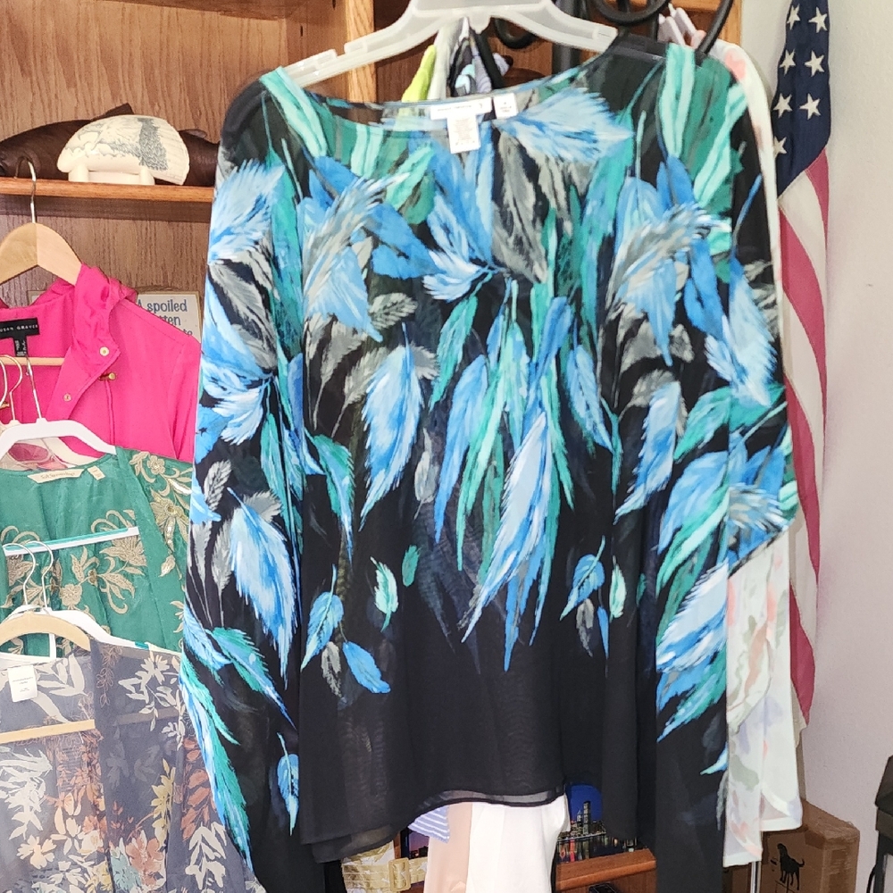 Susan Graver Blues, Greens, White, Grey, and Black Feather Boho Tunic Blouse